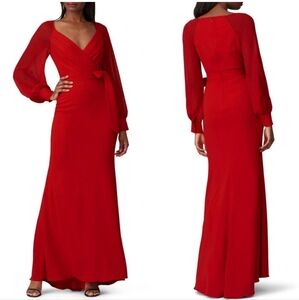 Badgley Mischka Sheer Puff Sleeve Surplice V Neck Tie Waist Maxi Dress Gown
